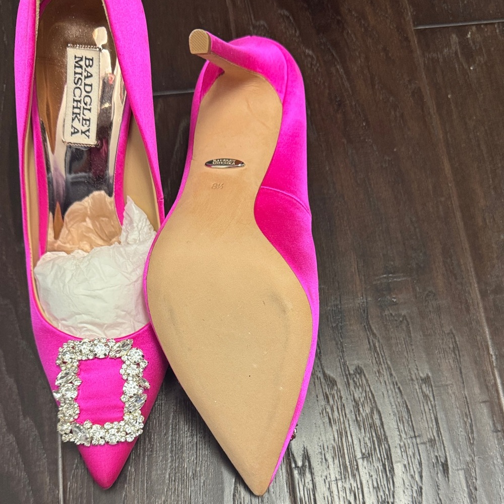 Badgley Mischka Fuchsia Heels with Rhinestone Buckle - Picture 3 of 4
